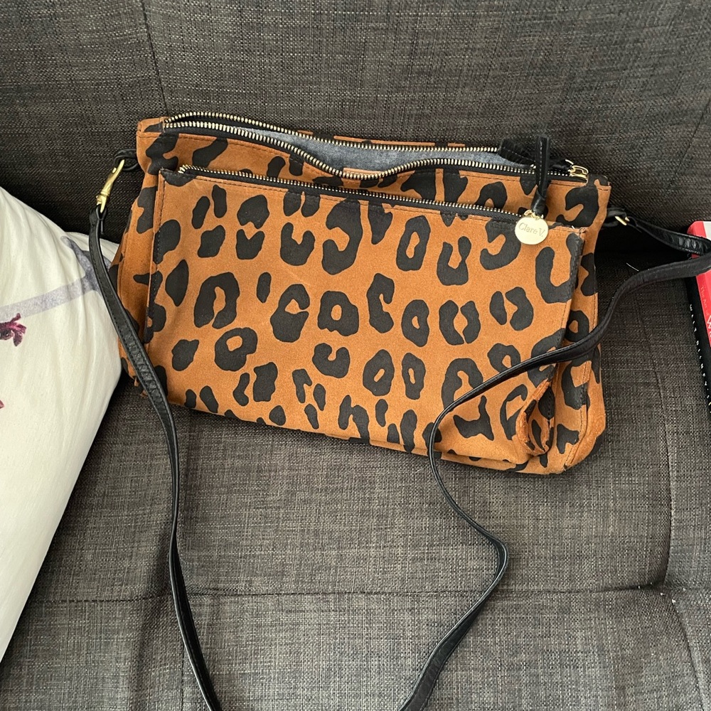 CLARE V Leopard Print Suede Bag